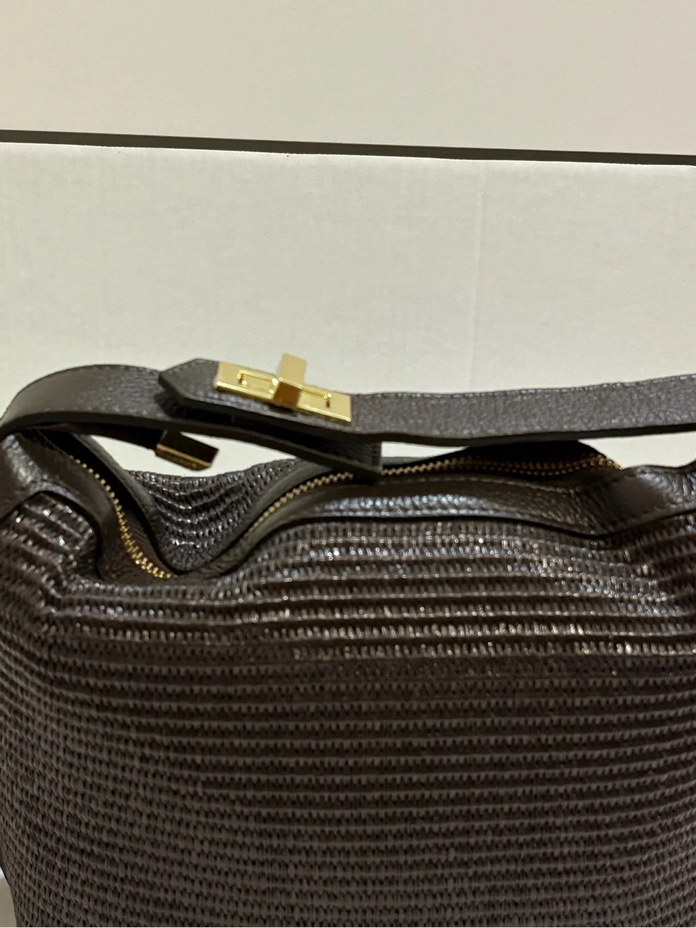 Woven Shoulder Bag in Dark Brown with Gold Hardware - Picture 2 of 6